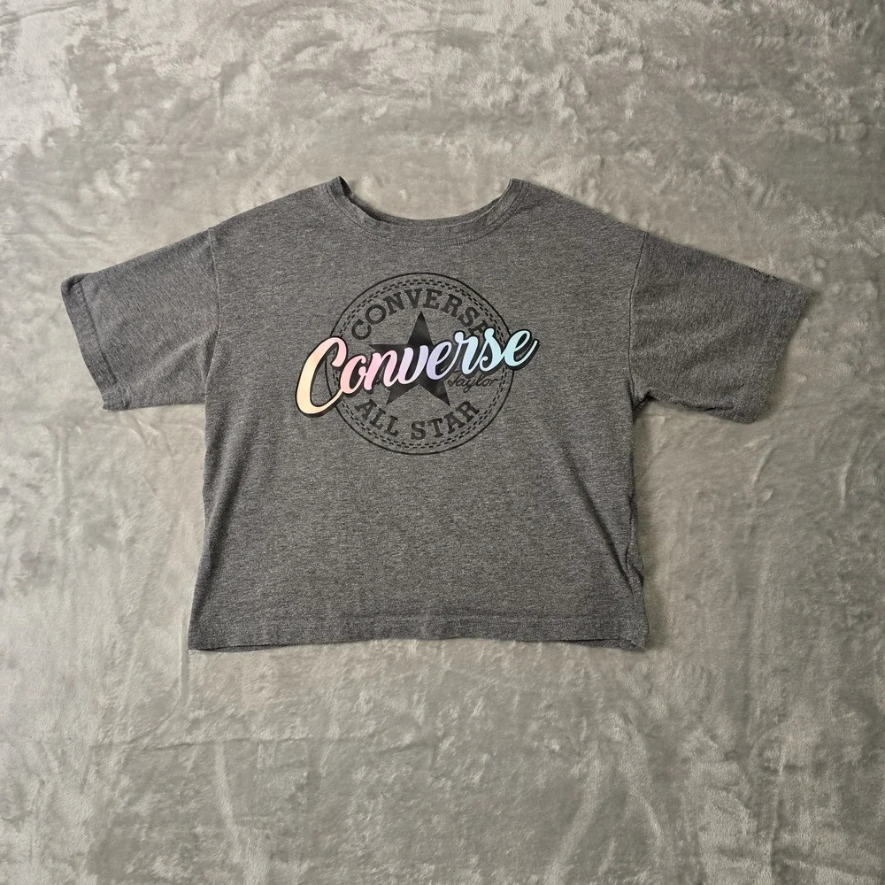Converse All Star Gray Holographic Logo Crop Top T-Shirt Size L KIDS